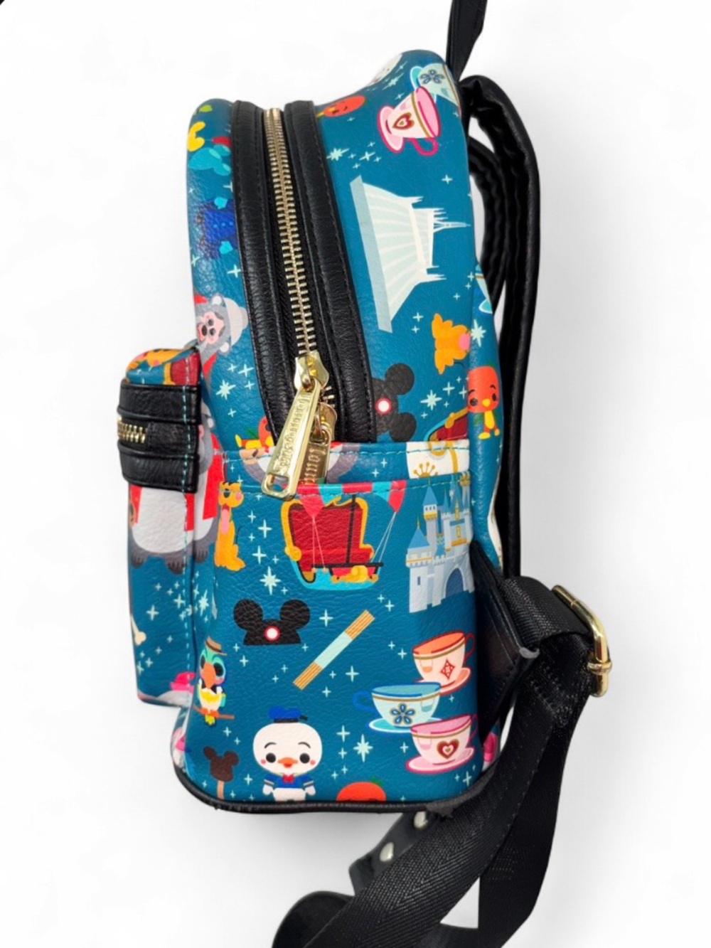 Disney Parks Loungefly Mini Backpack Teal Character Attractions Print - Picture 4 of 9